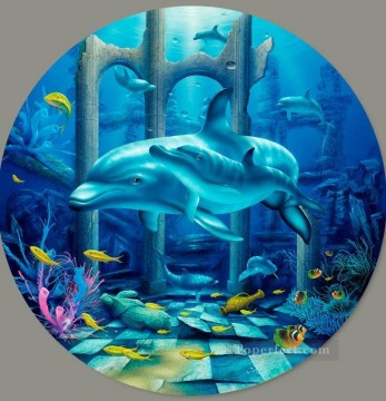 Dauphins mystiques Monde sous marin Peinture à l'huile